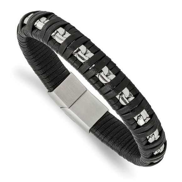 11mm Stainless Steel & Black Leather Polished Chain Bracelet 8.25 In